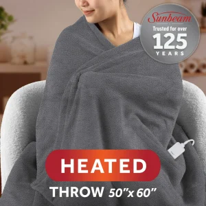 Sunbeam Electric Heated Throw Blanket Gray Polar Fleece 4 Heat Settings Auto-Off 50x60